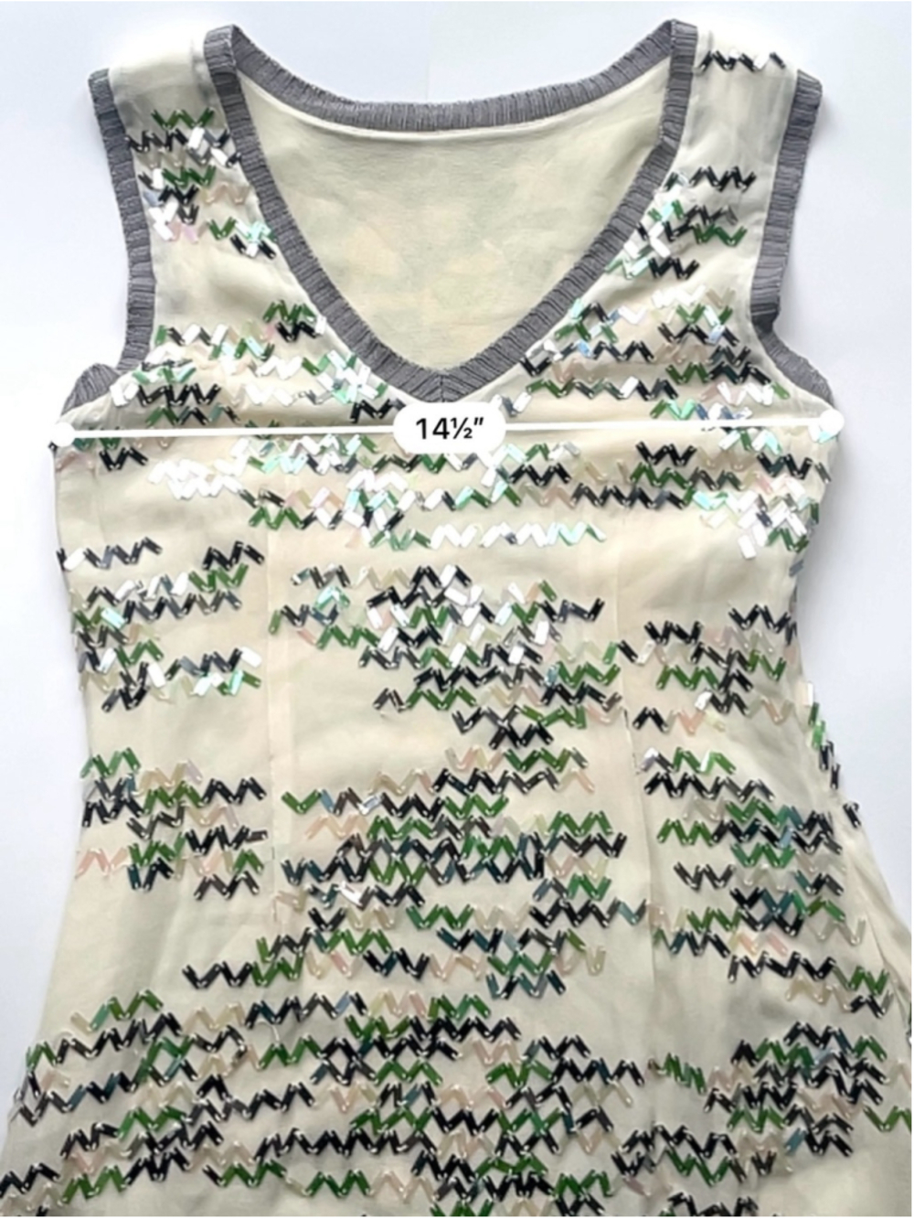 Silk Sequin Mini Dress Ivory Green Abstract Embellished Shift - Picture 4 of 7
